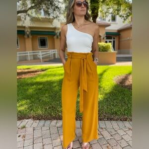 Mustard Wide Leg Jumpsuit High Waist Belted Flowy Elegant Chic